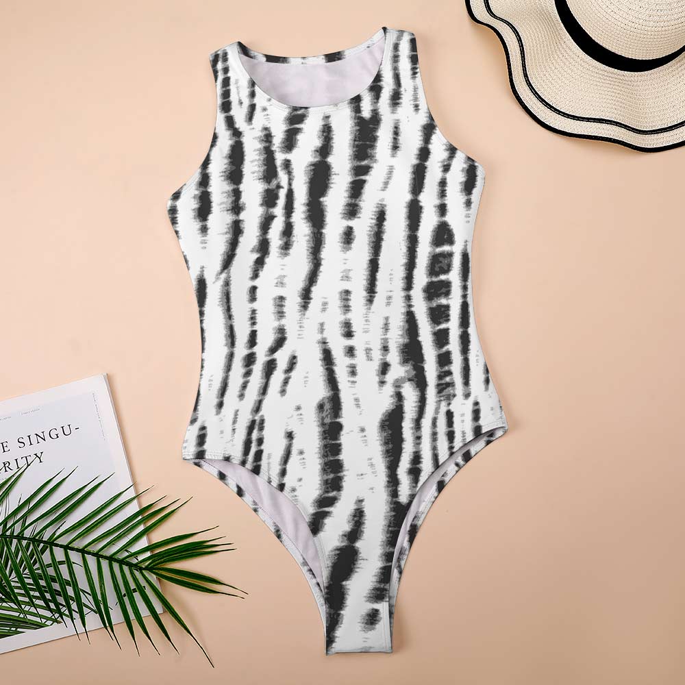 Black and white print vest jumpsuit, featuring a crew neck, perfect for versatile styling options.