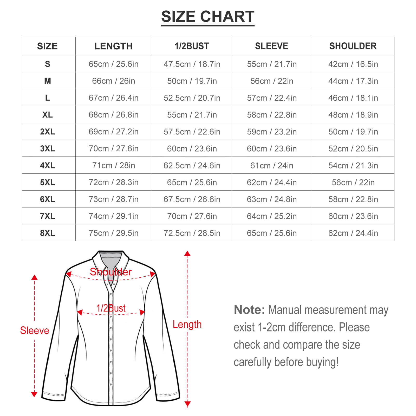 Cropped hem shirt size chart with measurements for length, bust, sleeve, and shoulder.