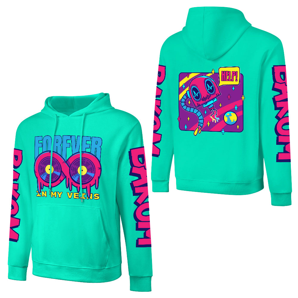 New pure cotton hooded sweater in green with 'FOREVER 99' design, sleeve prints, suitable for fashionistas.