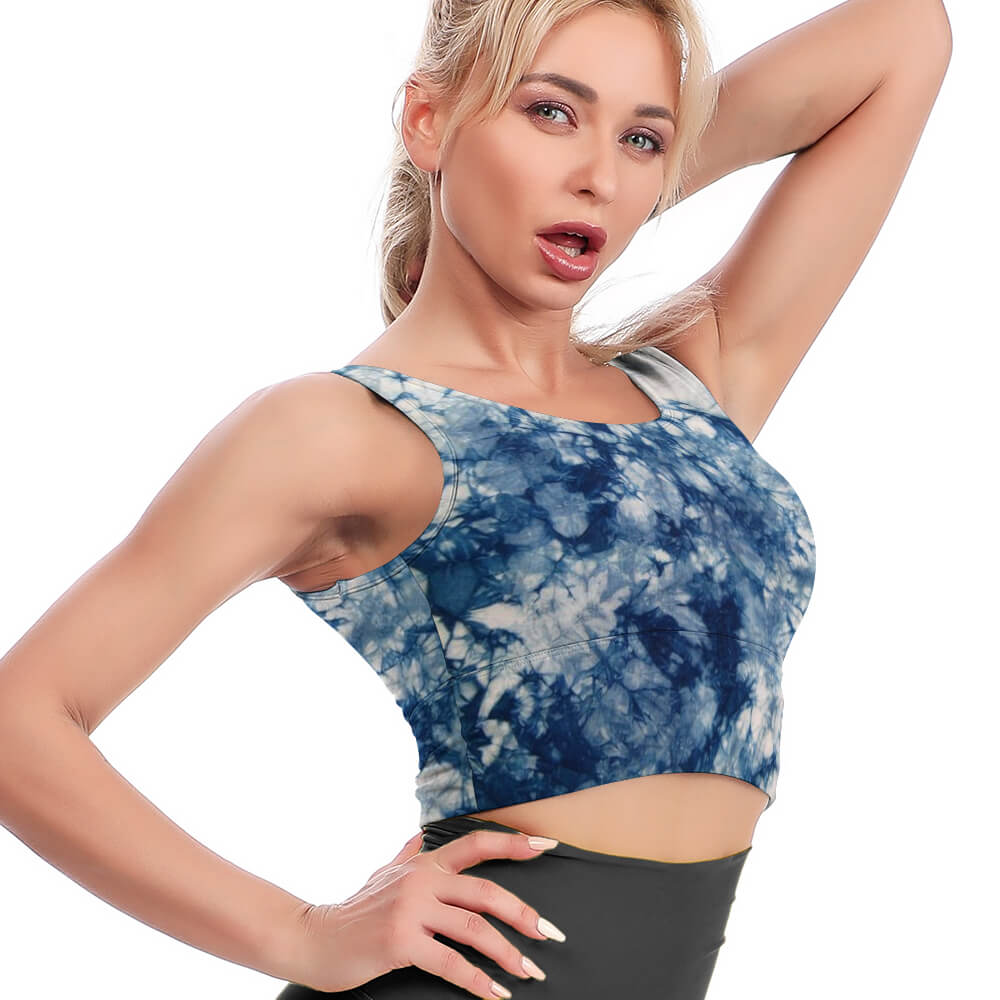 Women's blue and white printed sport yoga bra, breathable and comfortable, for fitness and exercise.