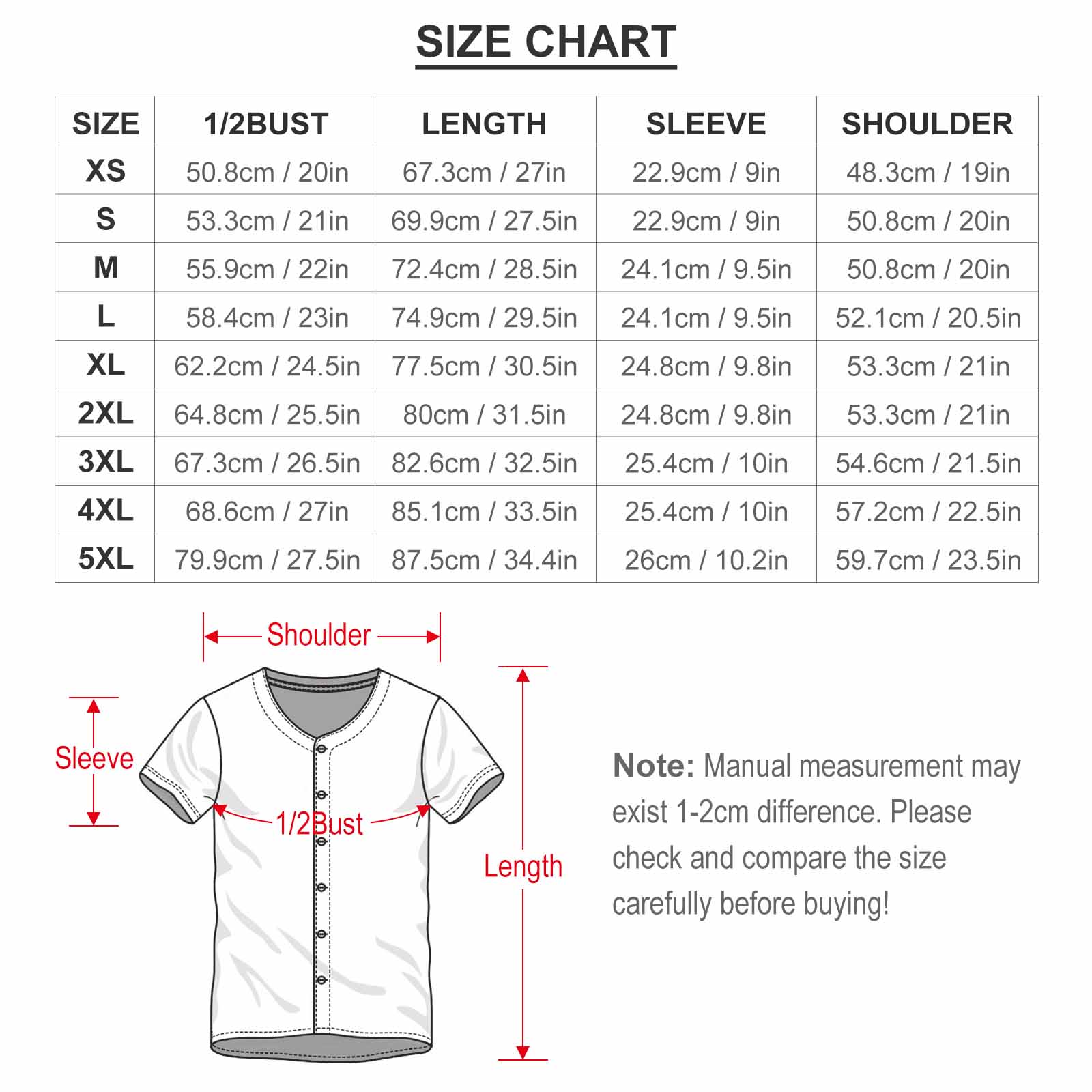 Size chart for TSYX yellow and black studded baseball T-shirt, showing bust, length, sleeve, and shoulder measurements.