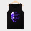 Black cotton tank top with purple skull print and quote. Comfortable sleeveless men's shirt for sports and daily wear.