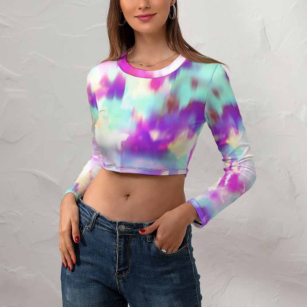 Women's tie-dye crop top in purple, teal, and white. Long sleeve, round neck, perfect for summer wear.