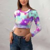 Women's tie-dye crop top in purple, teal, and white. Long sleeve, round neck, perfect for summer wear.