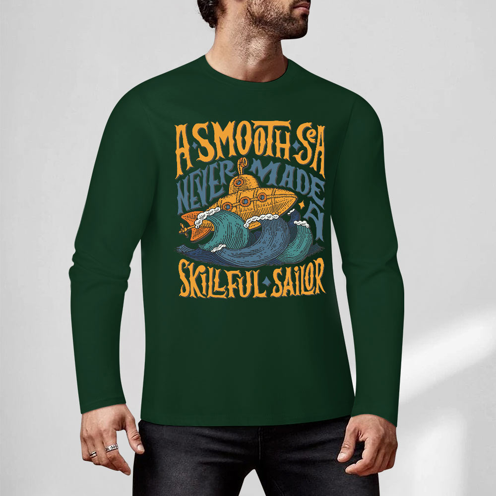 Green pure cotton long sleeve T-shirt with 'A SMOOTH SHAKER' graphic for casual wear.