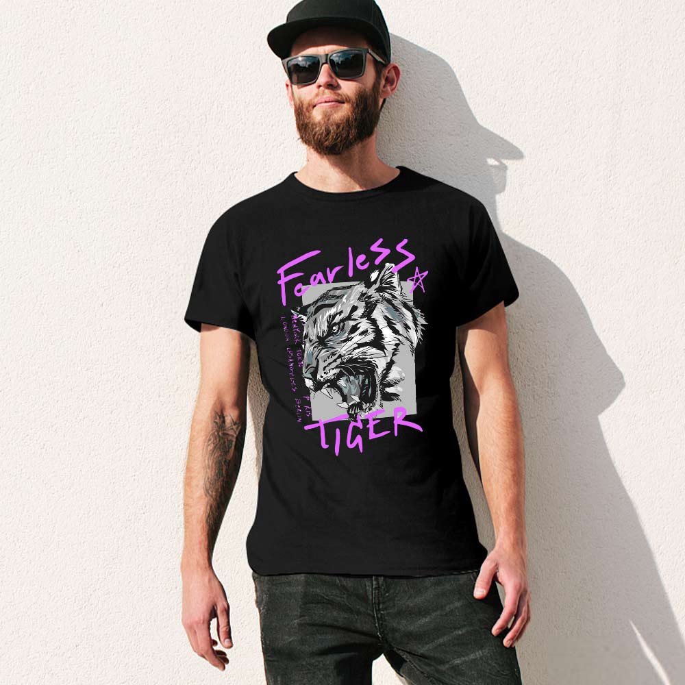 Men's black cotton 'Fearless Tiger' graphic T-shirt, collection.