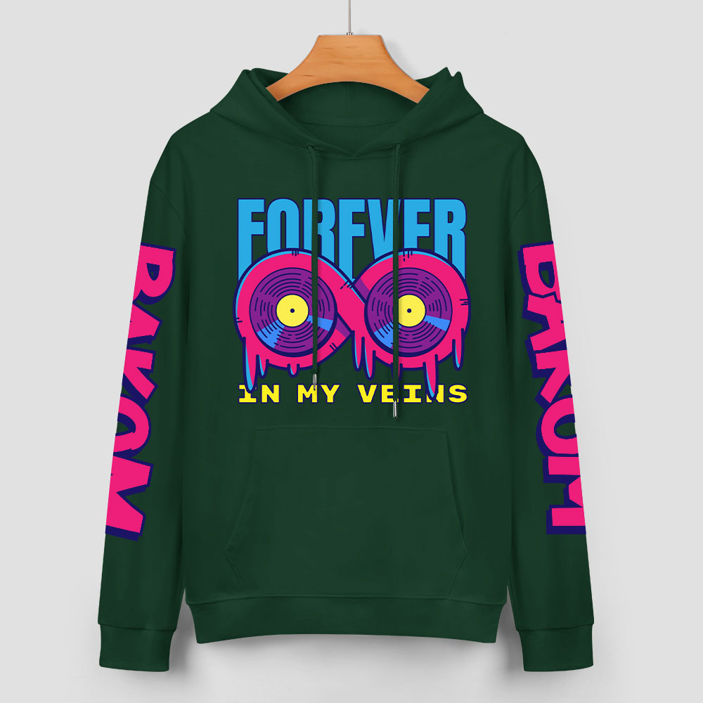 Green cotton hoodie with FOREVER donut graphic and sleeve prints, youth fashion style