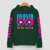 Green cotton hoodie with FOREVER donut graphic and sleeve prints, youth fashion style