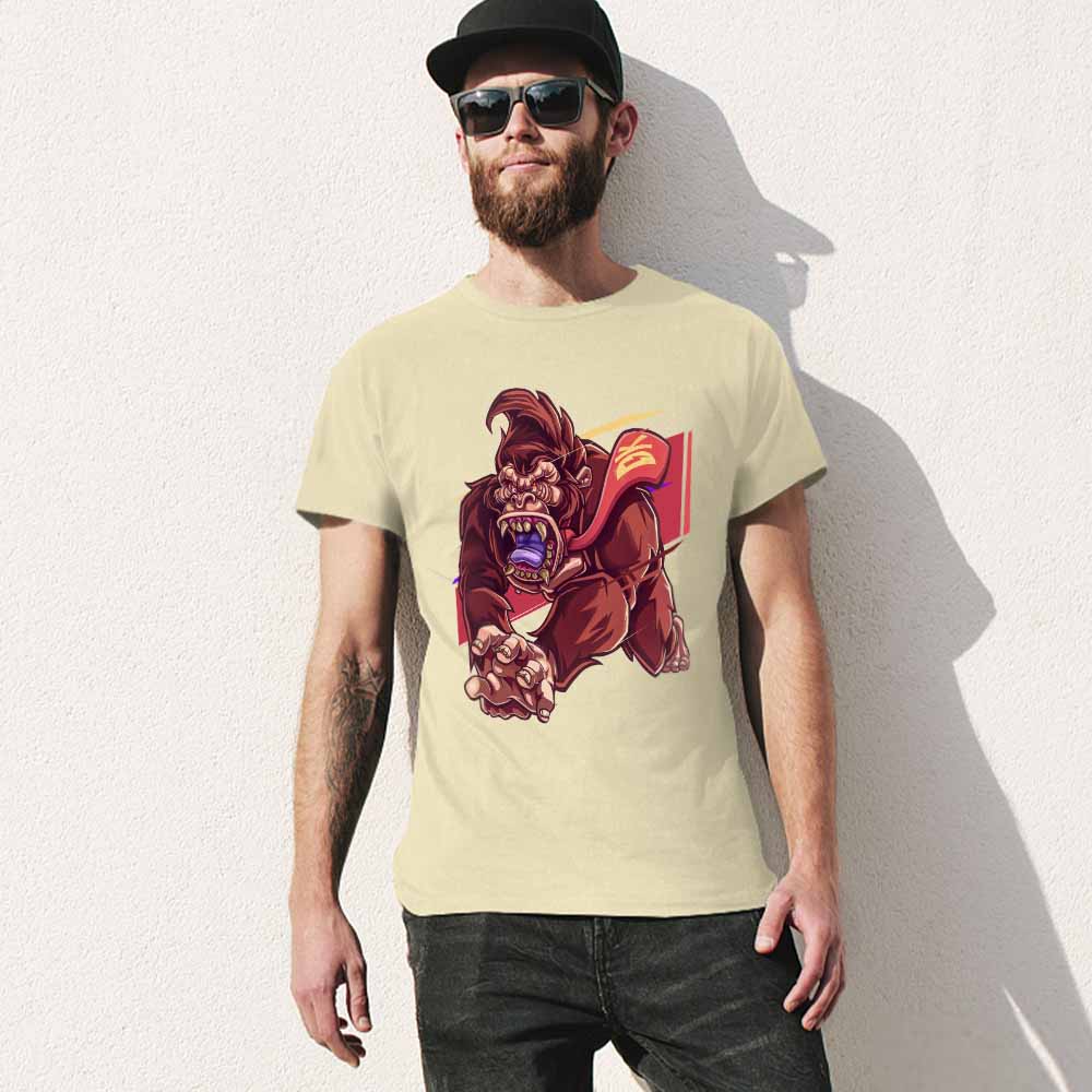 Men's beige cotton T-shirt with red monster graphic print by Inkedjoy