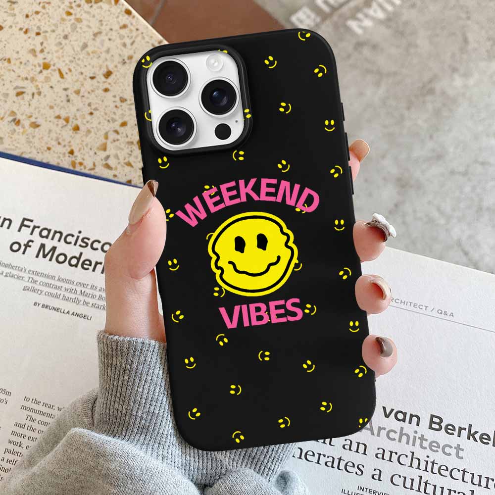 iPhone 16 Series case with 'Weekend Vibes' design, black TPU, protective cover.
