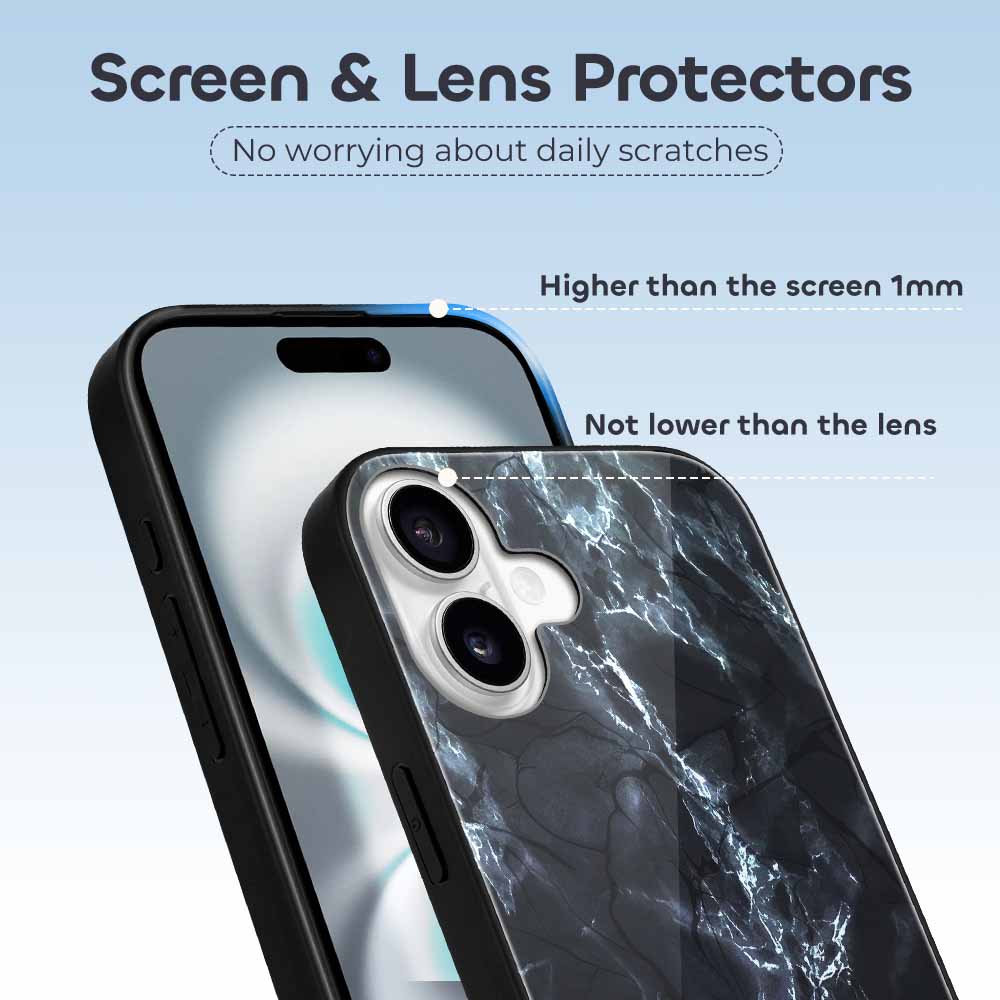 iPhone 16 Series glass case with marble design, including screen and lens protectors for scratch resistance.