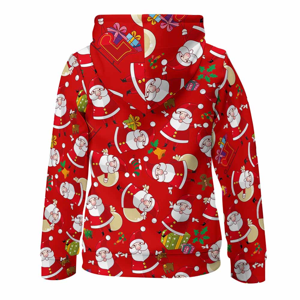 Red kids' Christmas hoodie with Santa pattern and kangaroo pocket, perfect for holiday wear.