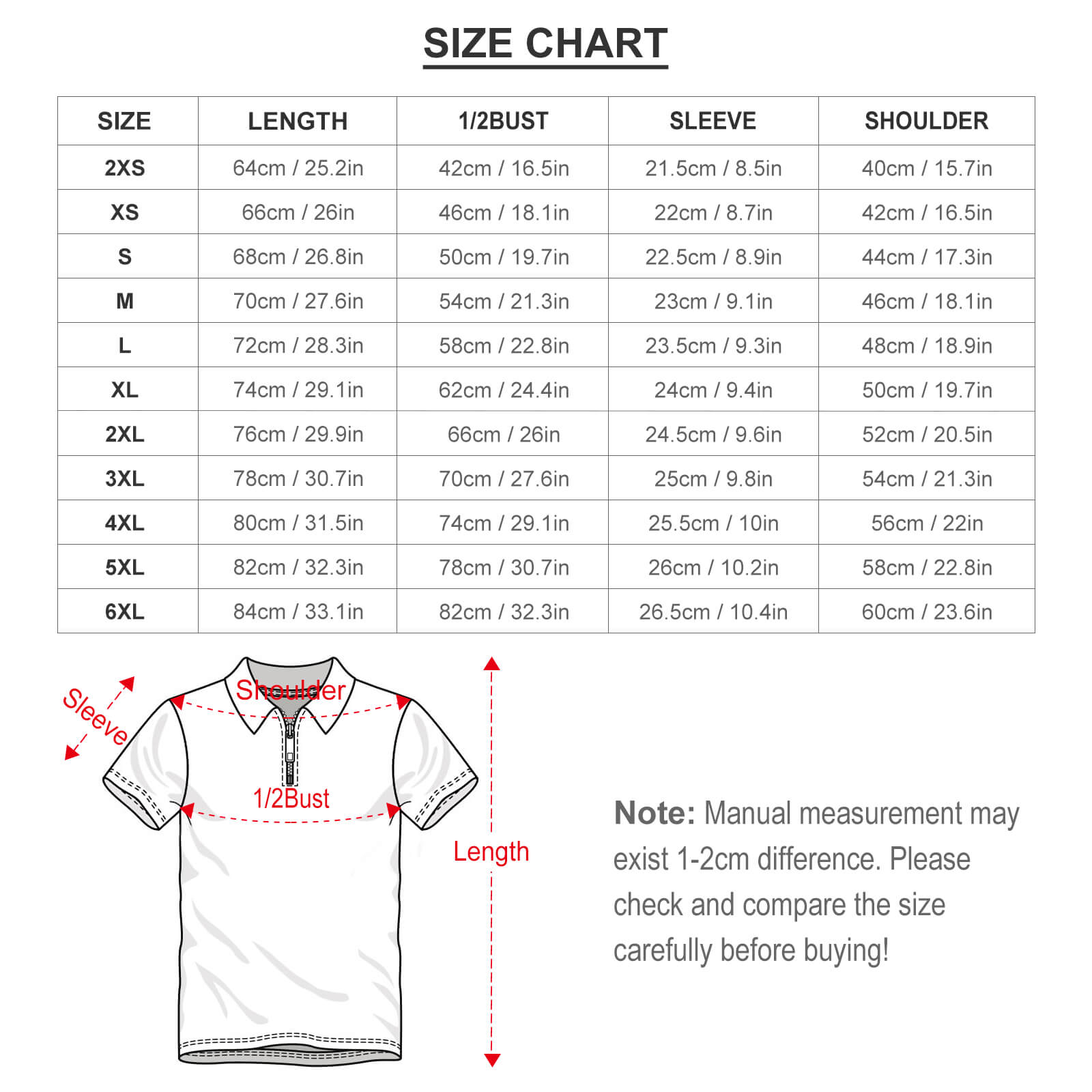 Polo shirt size chart, showing length, chest, sleeve length, shoulder width in cm and inches.