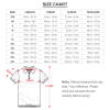 Polo shirt size chart, showing length, chest, sleeve length, shoulder width in cm and inches.