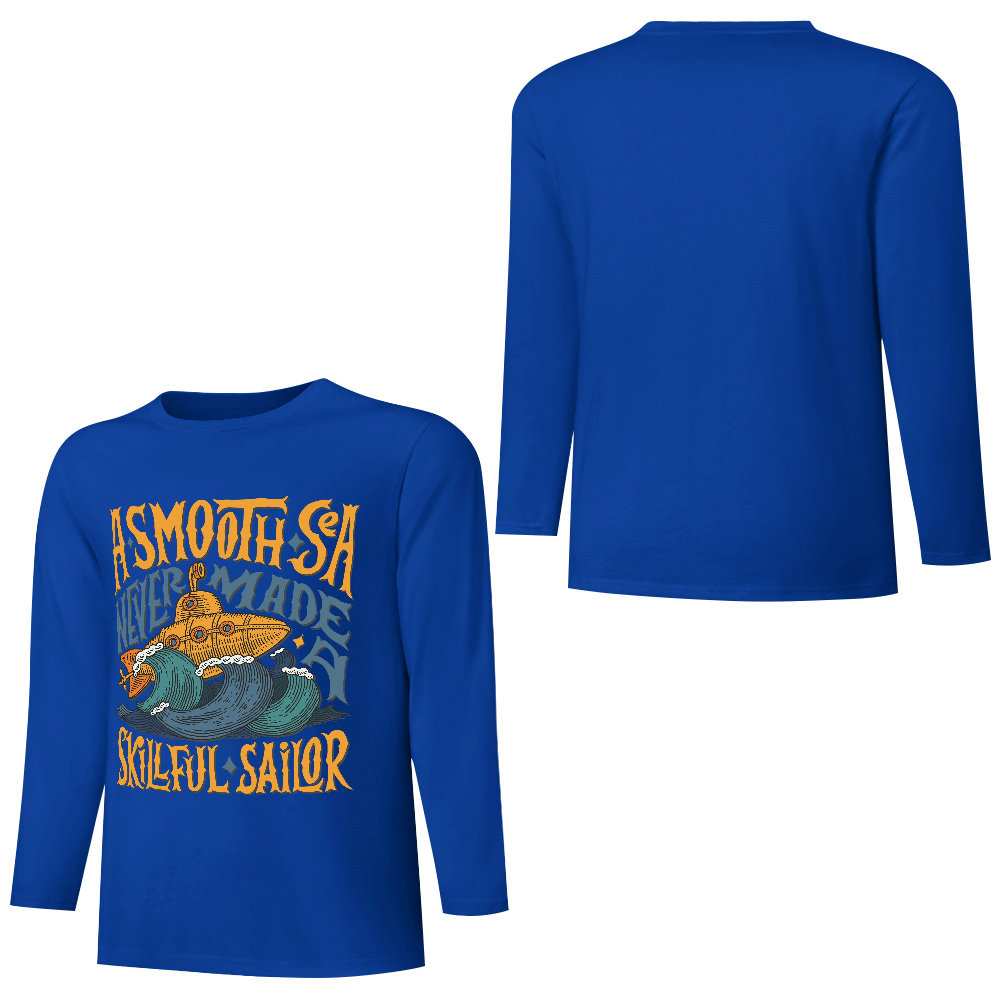 Blue pure cotton long sleeve T-shirt featuring 'A SMOOTH SHAKER' graphic, casual wear.