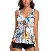 Ladies Sleeveless Floral Split Swimwear, Polyester Spandex Blend, Black Bottom