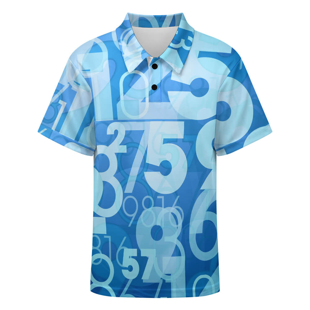 Blue children's  polo shirt with number pattern, pique cloth