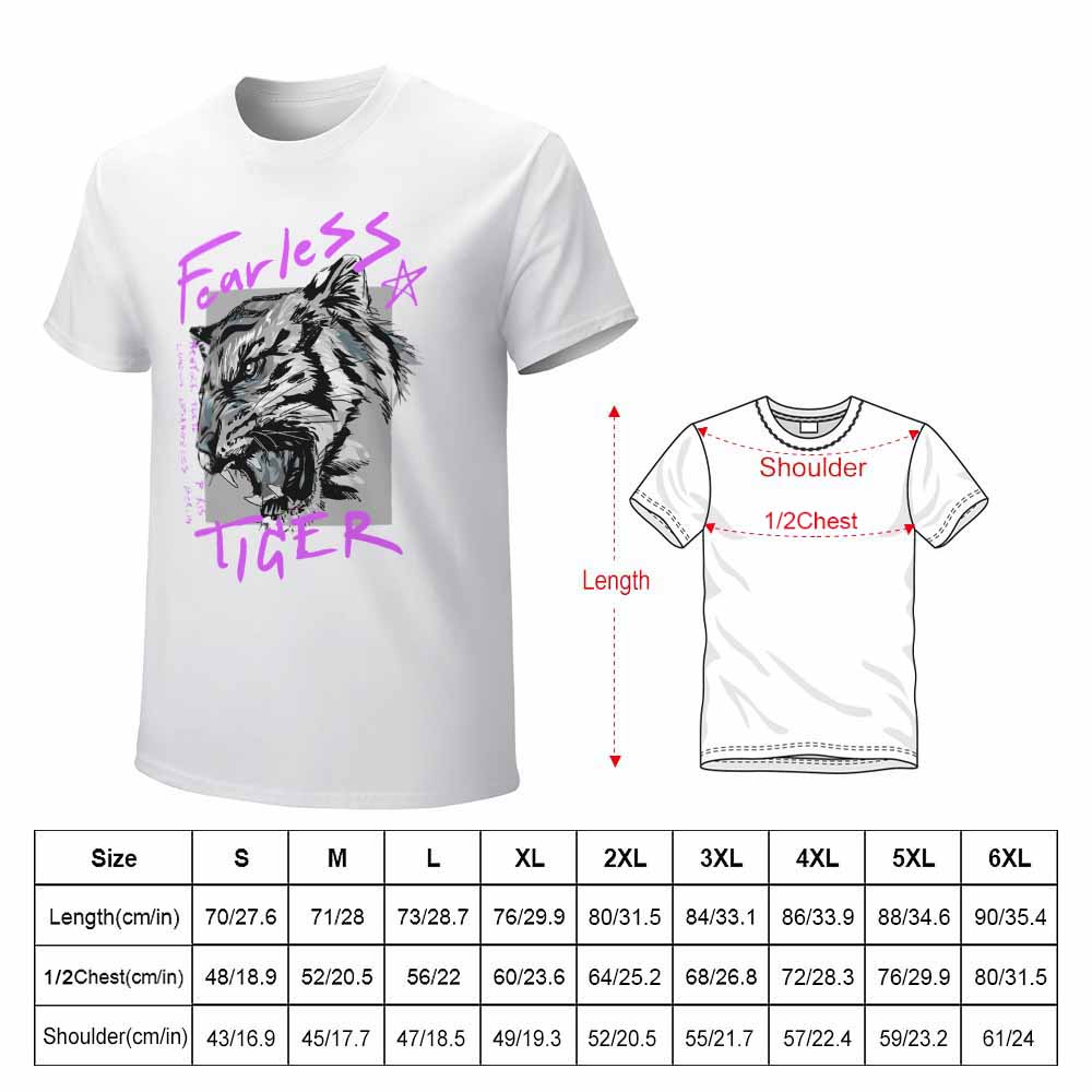 White cotton Fearless Tiger graphic tee with size chart, collection.