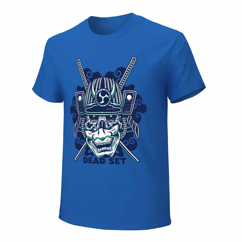 Blue cotton men's T-shirt with samurai skull design.