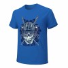 Blue cotton men's T-shirt with samurai skull design.