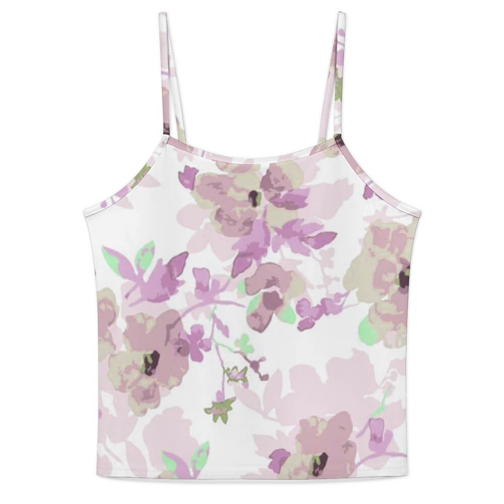 Floral ice silk strap pajama top, purple and pink pattern, comfortable and skin-friendly.