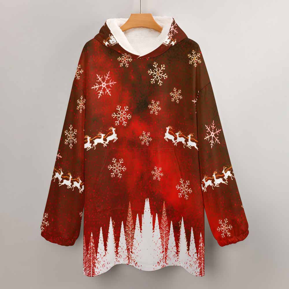Red and white Women's Hooded Blanket Shirt with snowflake and reindeer patterns, perfect for warmth and comfort.