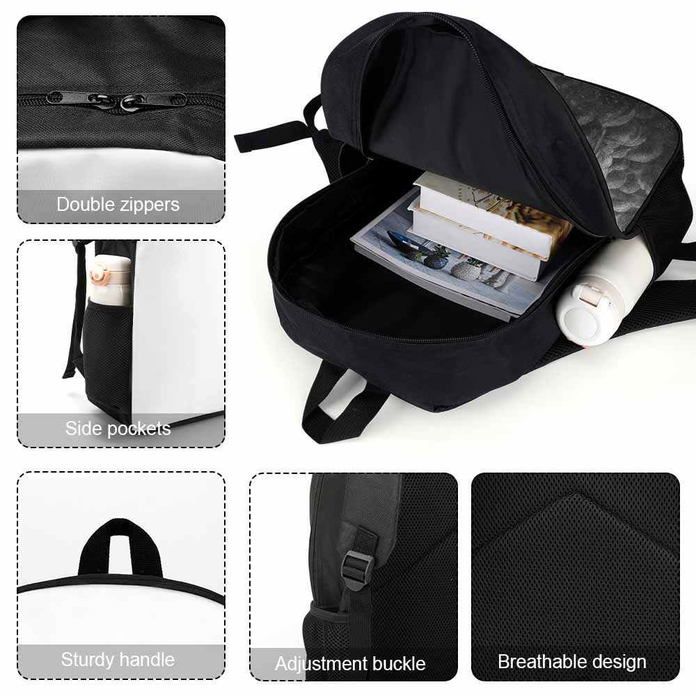 Black 17-inch Shoulder Backpack Detailed Views: zippers, side pocket, handle, reinforced design, and breathable mesh.