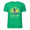 Green pure cotton short-sleeved T-shirt with Catch the Wave surfing print, front view, summer fashion