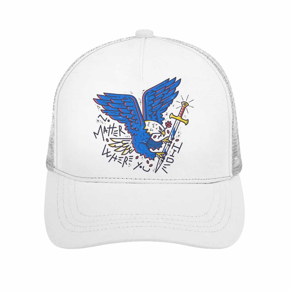 White baseball cap with blue bird and sword graphic, mesh back, curved brim, Inkedjoy