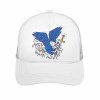 White baseball cap with blue bird and sword graphic, mesh back, curved brim, Inkedjoy