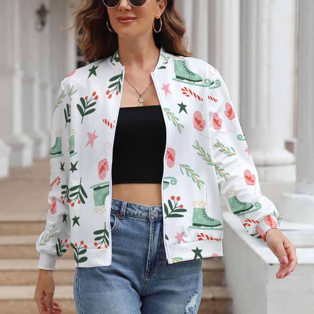 Women's white long sleeve zipper jacket with floral pattern, suitable for spring and autumn.