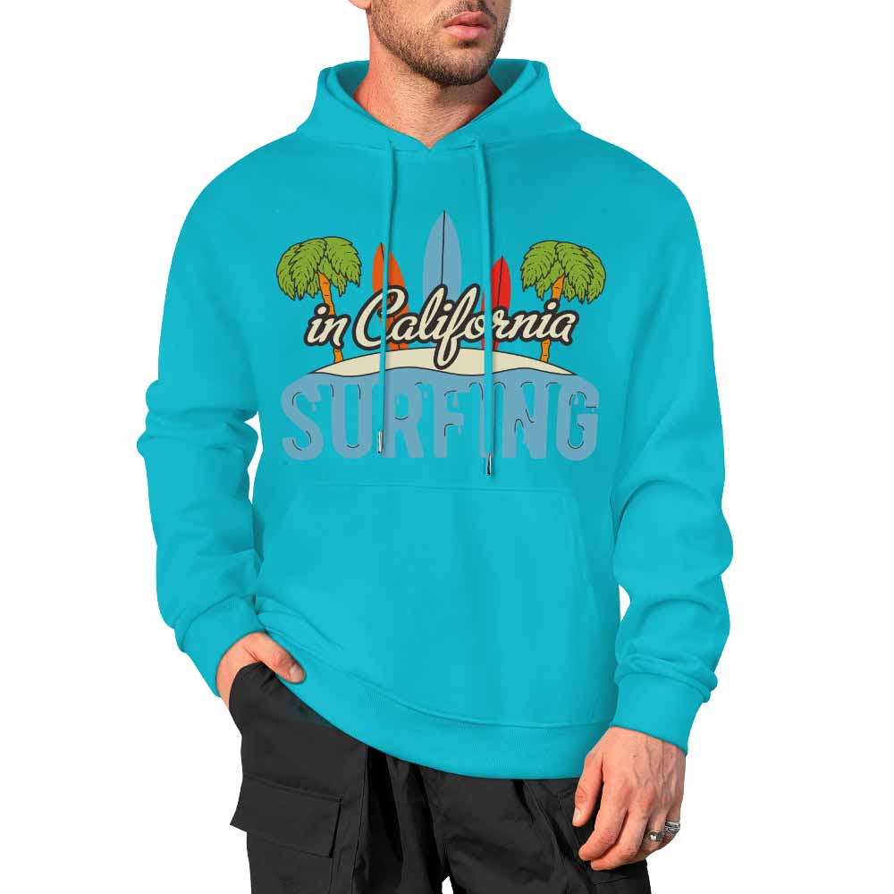 Turquoise blue cotton hoodie with CALIFORNIA SURFING graphic, suitable for daily wear.