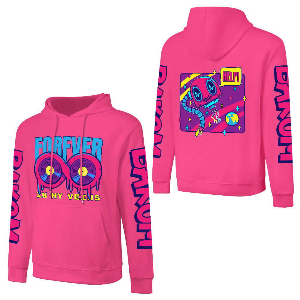 Pink cotton hooded sweater with 'SQUAD' graphic and sleeve print, youth fashion style