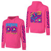 Pink cotton hooded sweater with 'SQUAD' graphic and sleeve print, youth fashion style