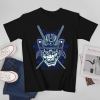 Black cotton men's T-shirt with blue samurai skull design for leisure.