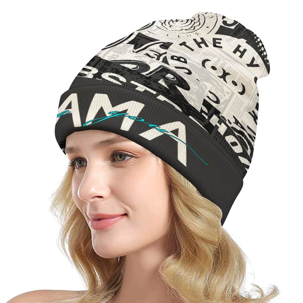 Full printed knitted hat made of polyester with text design, perfect for winter