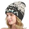 Full printed knitted hat made of polyester with text design, perfect for winter