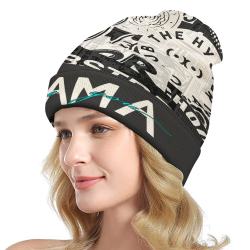 Full printed knitted hat made of polyester with text design, perfect for winter