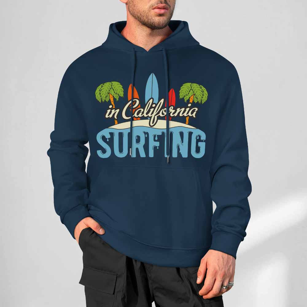 Navy blue California Surfing hoodie, 100% cotton, loose fit, for daily wear.