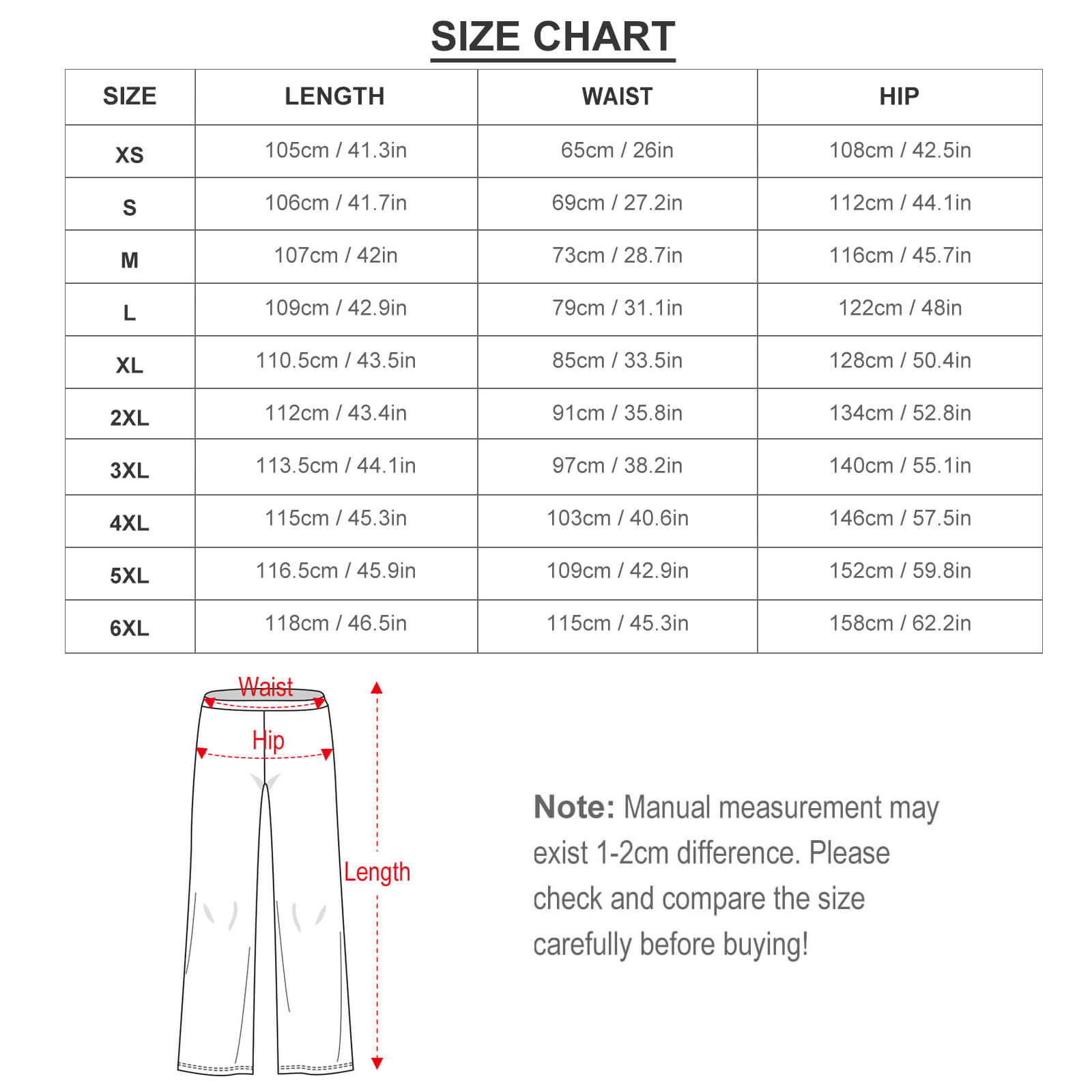 Women's Wide Leg Pants Size Chart | Inkedjoy. Polyester pants waist, length, and hip measurements.