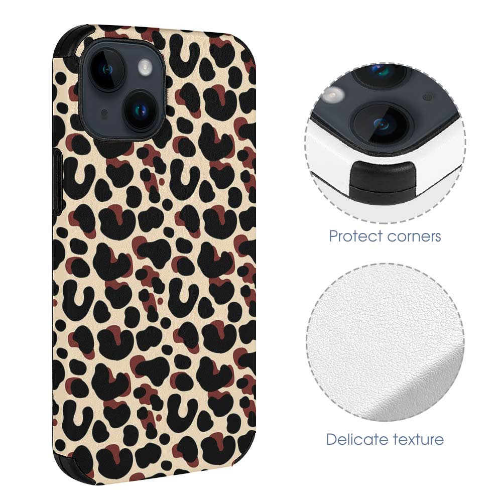 iPhone 14 fiber skin case with leopard print design, scratch-resistant and stylish.