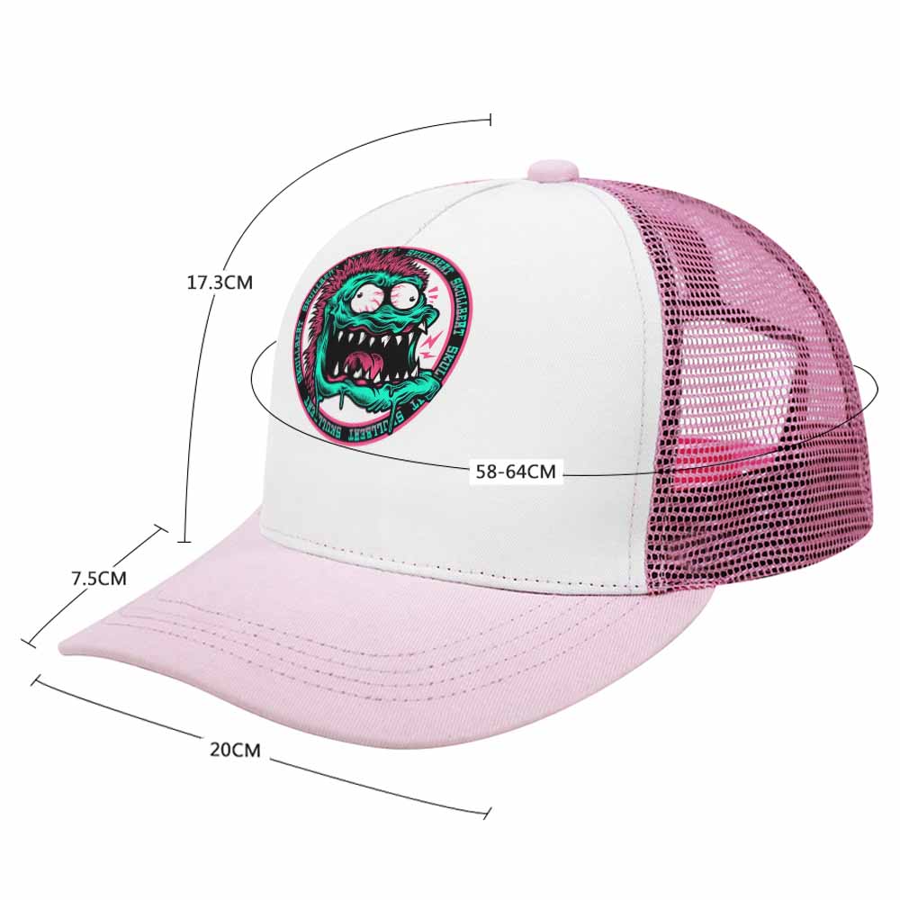 Pink and white baseball cap with a green monster design, dimensions shown for fit and structure.