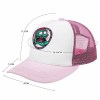 Pink and white baseball cap with a green monster design, dimensions shown for fit and structure.
