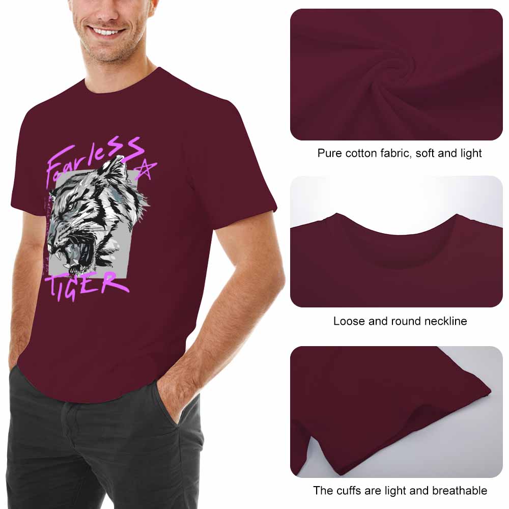 Men's Dark Red Fearless Tiger T-shirt with detail shots, 100% cotton