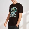 Black cotton men's short-sleeved T-shirt with a surfer graphic and "Wild Wave California" print, summer fashion.