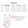 Size chart for Sexy Suspender Two-Piece Bikini Swimsuit, including shoulder strap length, waist, foot mouth, and cup size.