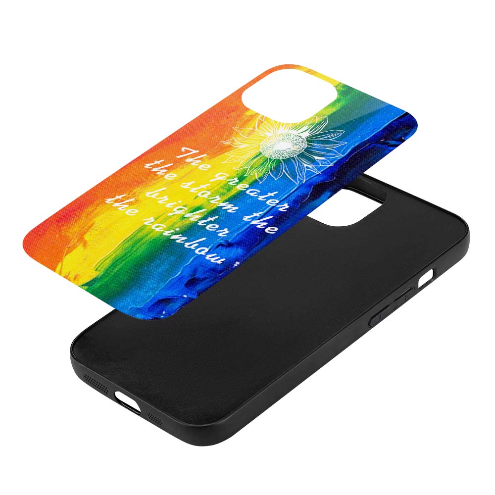 iPhone 15 case with rainbow design and inspirational quote, TPU material