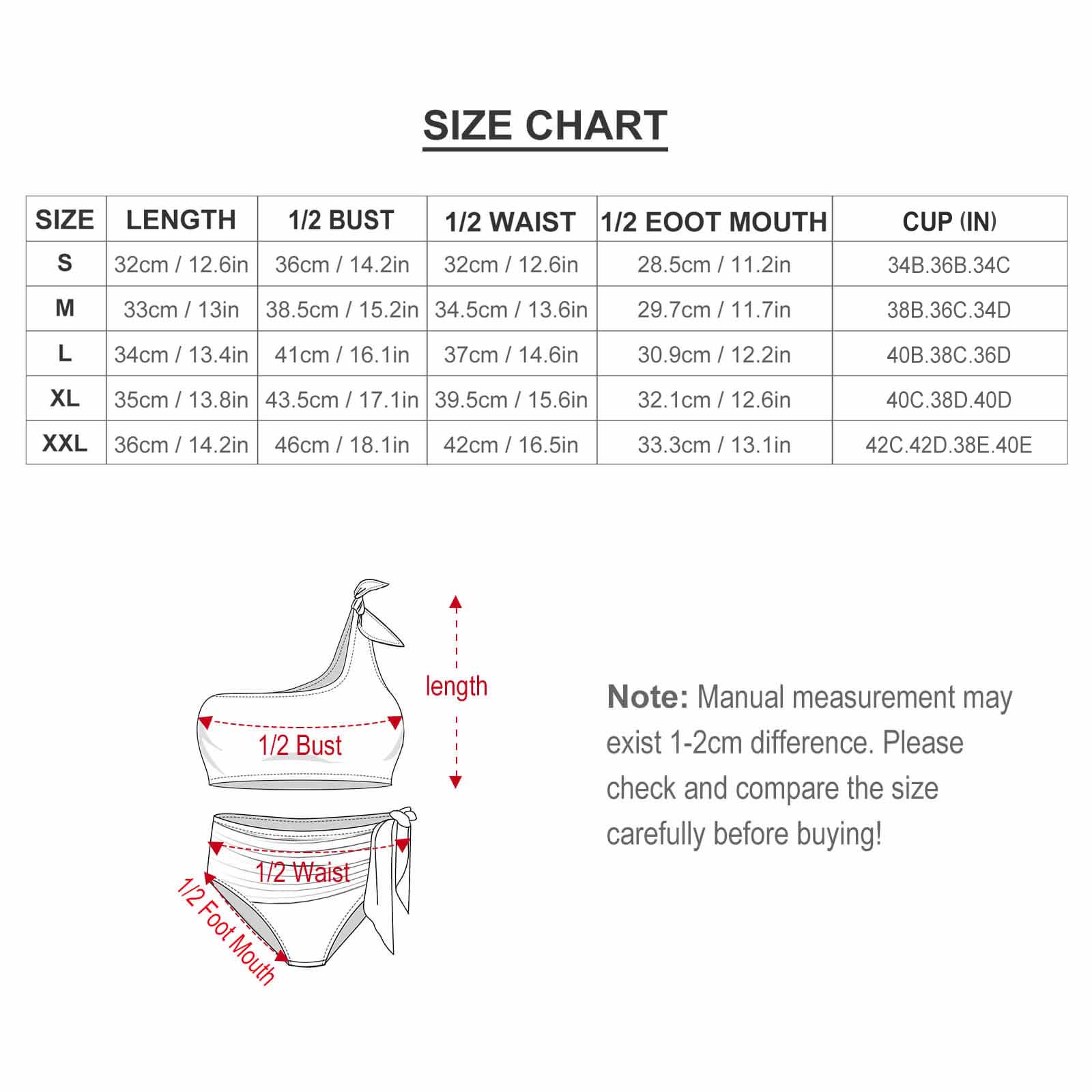 Size chart for women's one-shoulder bikini swimsuit, including length, waist, foot mouth measurements, and cup size.