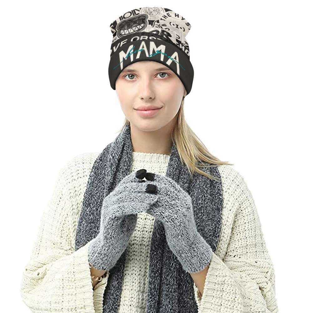 Polyester knitted hat with "MAMA" text design, featuring warm properties and versatile wear for winter.