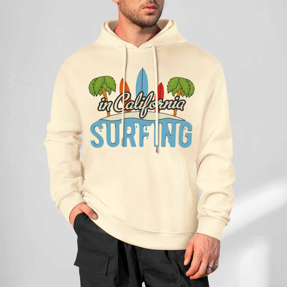 Cream Surfing hoodie, 100% cotton, loose fit, suitable for daily wear.